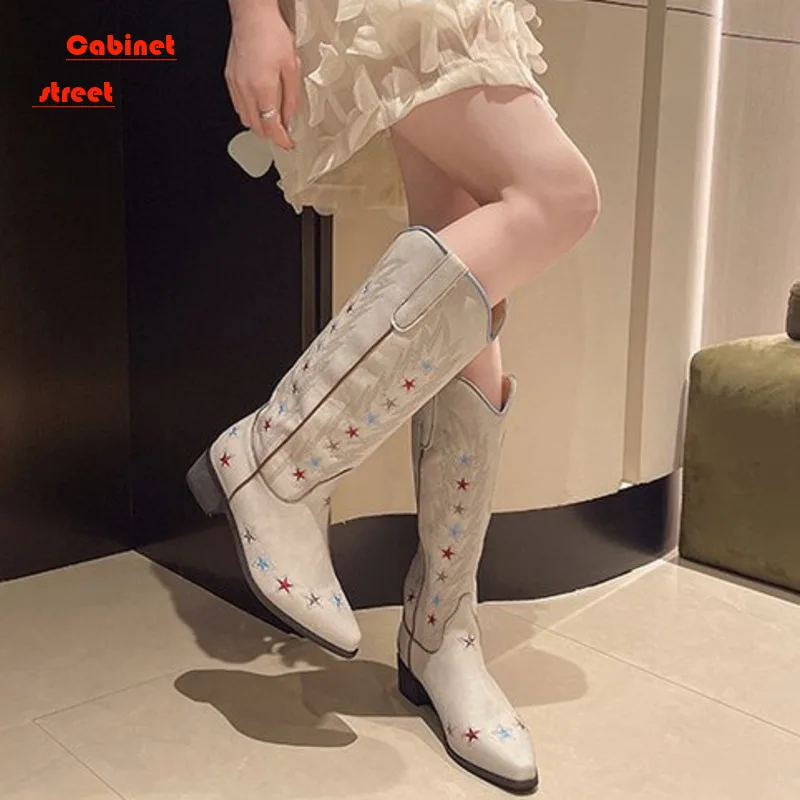 

Embroidered Pointy Western Cowboy Leather Women Boots Autumn Winter 2024 New Plus Size Heel Knight Knee High Female Shoes