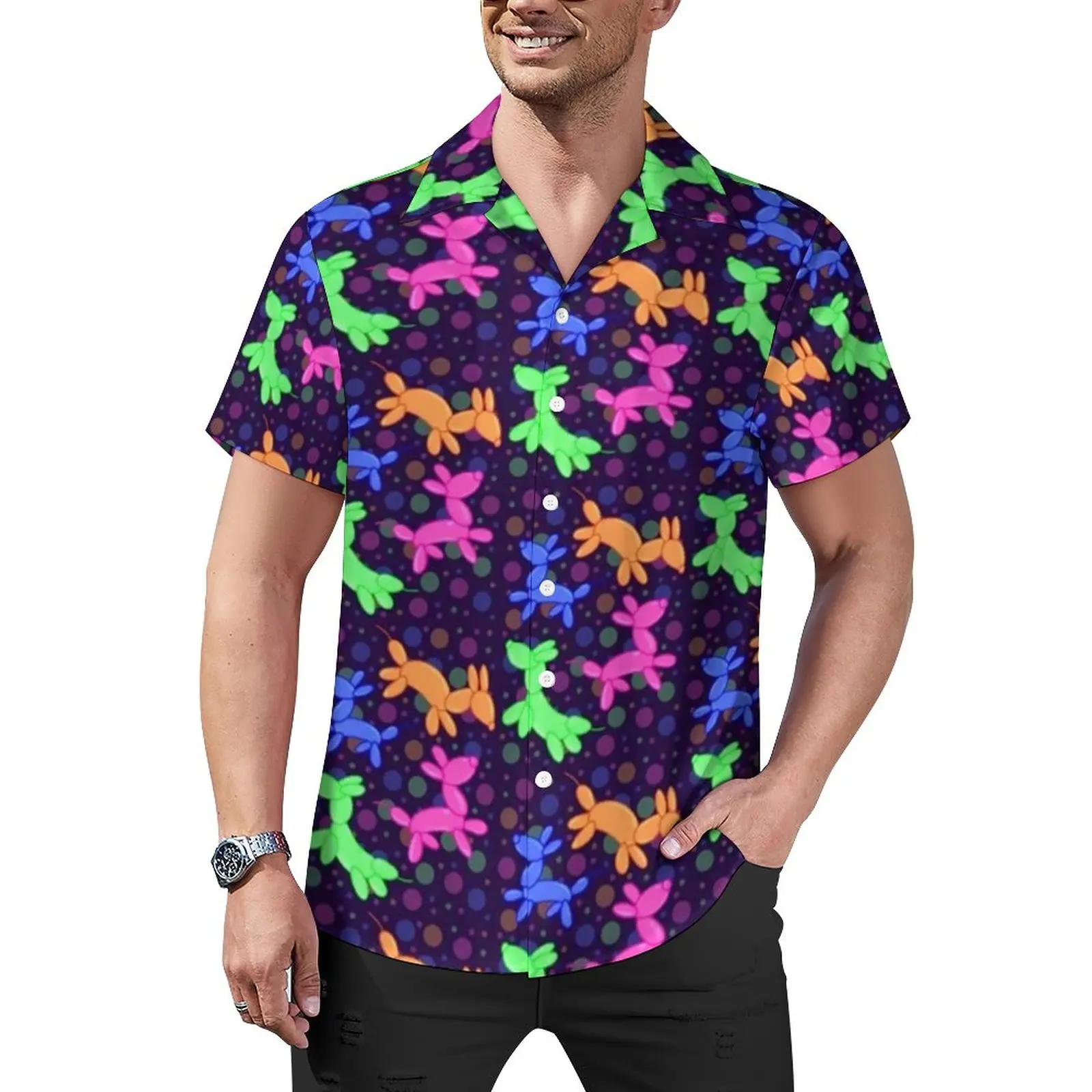 

Colorful Balloon Dog Casual Shirts Cartoon Animal Print Beach Shirt Hawaiian Vintage Blouses Male Printed Big Size 3XL 4XL