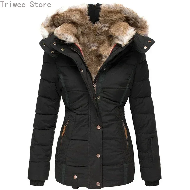 2024 New  winter warm fur collar cotton coat women's zipper long-sleeved slim cotton coat jacket hooded coat W128