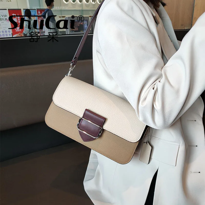 

Genuine Leather Underarm Bag Multi Compartment Small Square Bag Collision Colour Shoulder Crossbody Head Cowhide Women's Bag