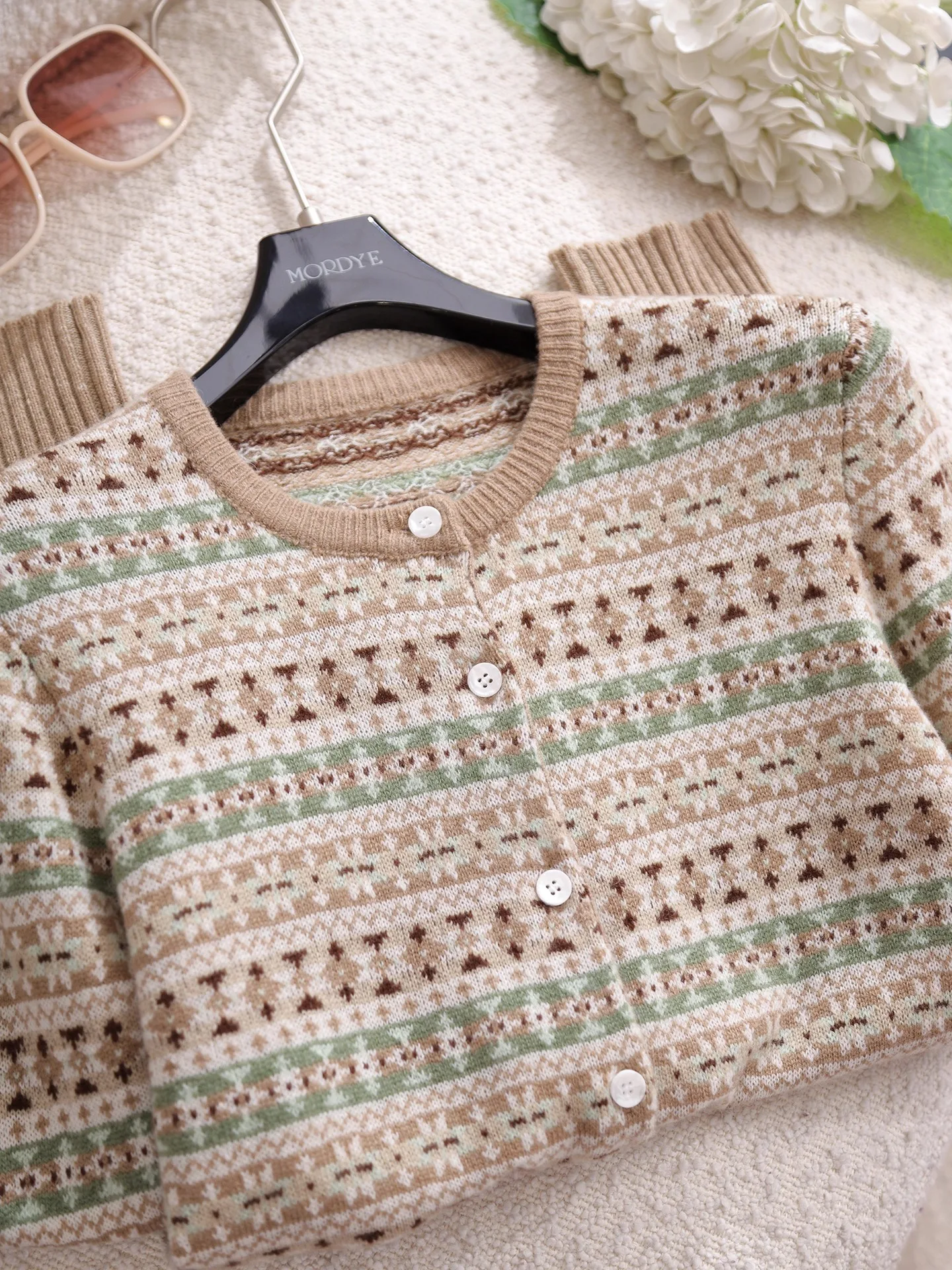 

Женский вязаный шерстяной кардиган Fair Isle с круглым вырезом, редкий цвет, 00% шерсть, с геометрическим узором, повседневный стиль