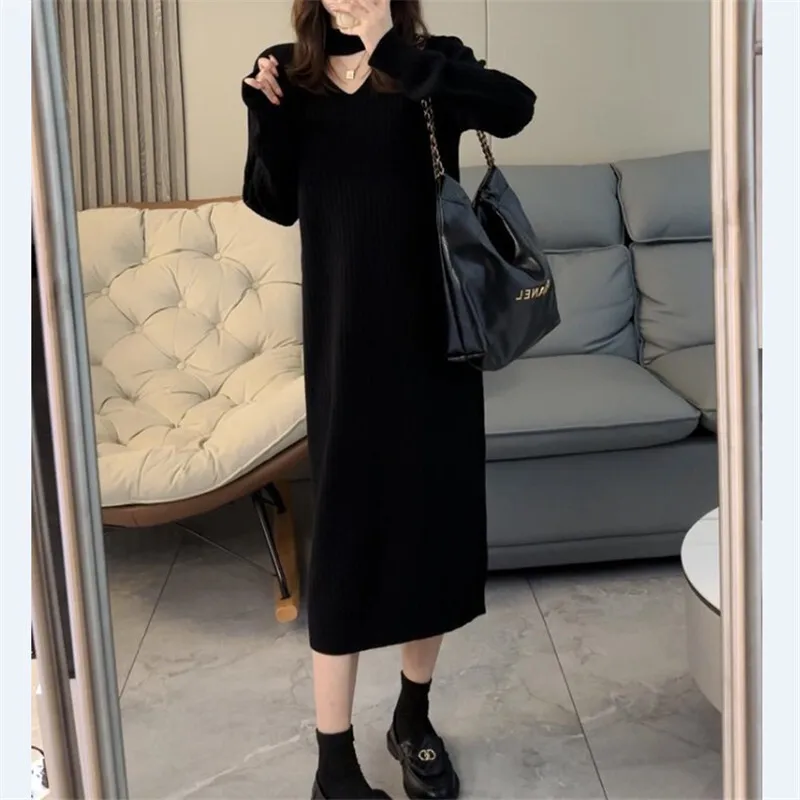 Outono inverno feminino solto sobre o joelho vestido de malha camada comprimento médio camisola vestidos longos