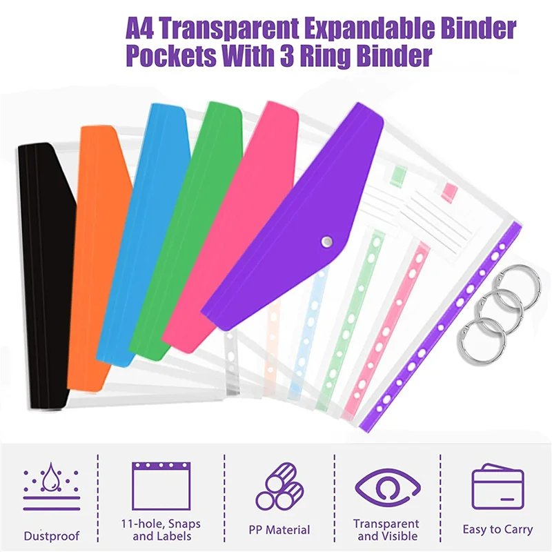 36 Pcs A4 Binder Pocket Expandable Envelopes Clear Plastic Envelopes For Ring Binder Folder, Snap Button