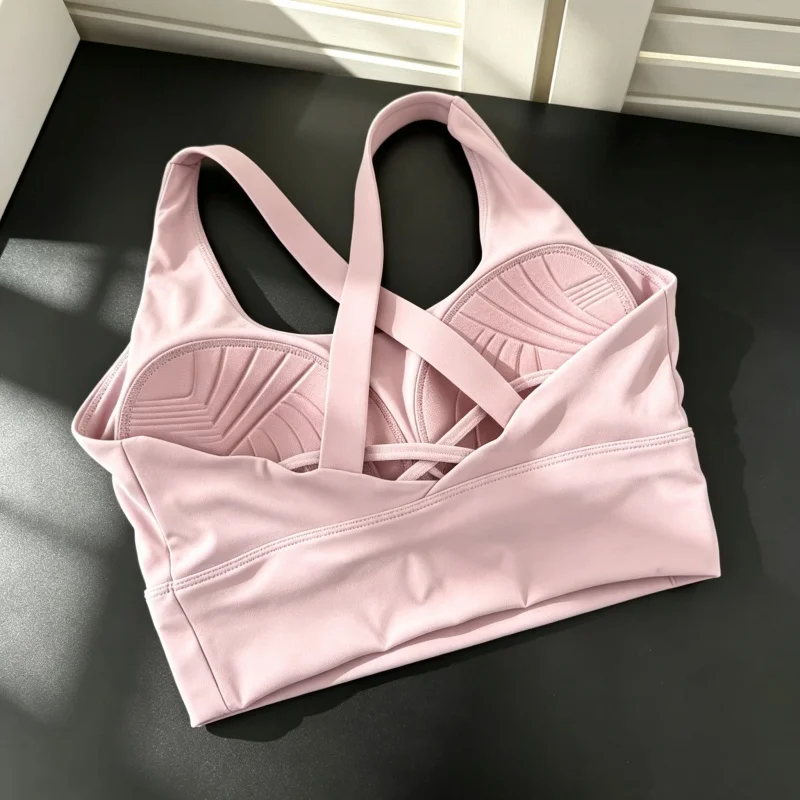 Cross Back Sports Bra Women Fixed Cup Shockproof Breathable Seamless Quick Dry Yoga Vest Pilates Gym Workout Top