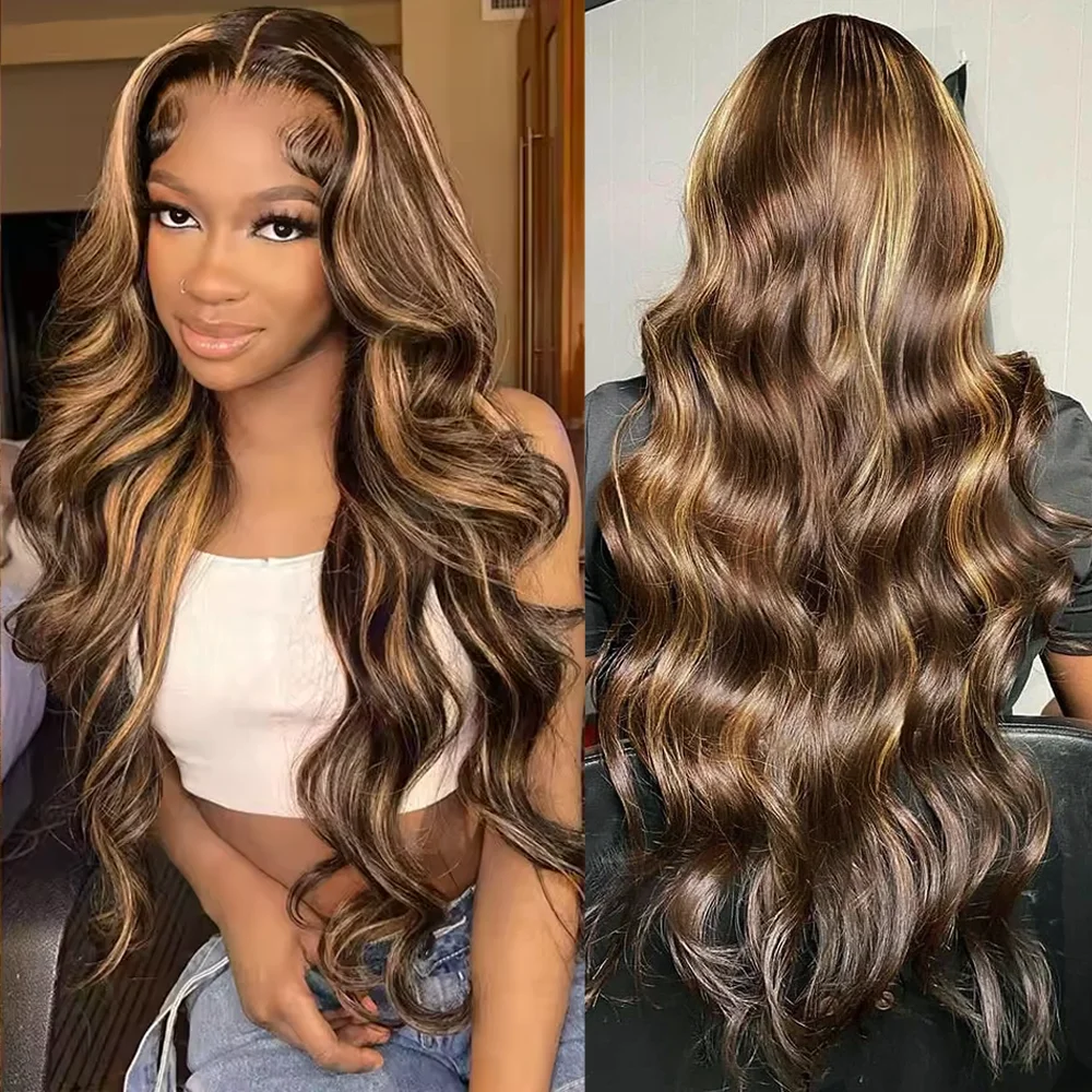 

P4/27 Highlight Ombre Brown Body Wave Human Hair Wig 13x4 13x6 HD Lace Frontal Wigs Hair For Women pre plucked Wigs 40 46 Inches