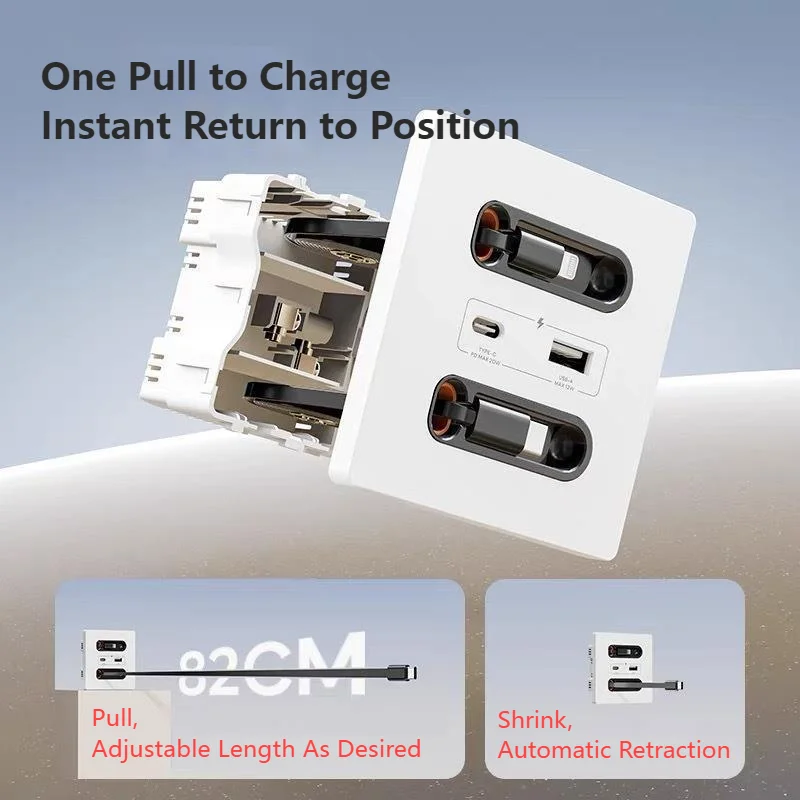 86 Type GaN 20W USB Type-c Fast Charging Socket Panel With Retractable Wire Data Cable Household Multi-Function Charging Sockets