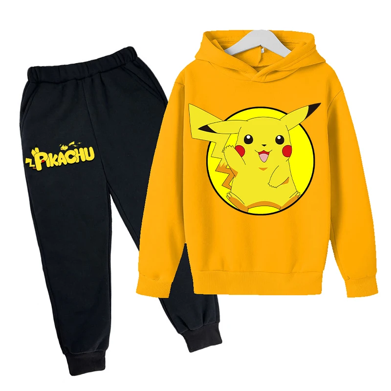 2pcs Pokemon Pikachu Hoodie Pants Suit Children Anime Sweatshirt Trousers Set Boys Girls Autumn Winter Fashion Two-piece Sets