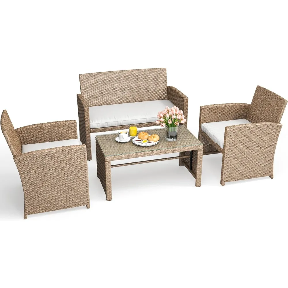 4-Piece Patio Bistro Set, All-Weather Outdoor Patio Furniture Rattan Wicker Loveseat Conversation Set with Glass Side Table Soft