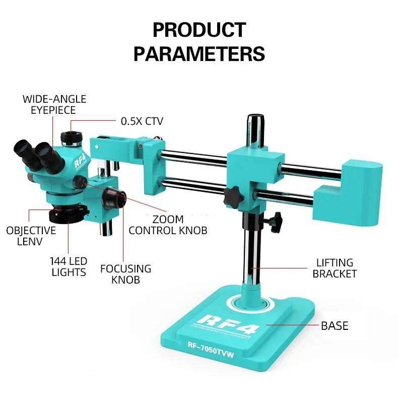 RF4 3.5X-100X Simul-Focus Double Boom Stand Trinocular Stereo Zoom Microscope 48MP 55MP 2K 4K HDMI VGA USB Camera For PCB Repair