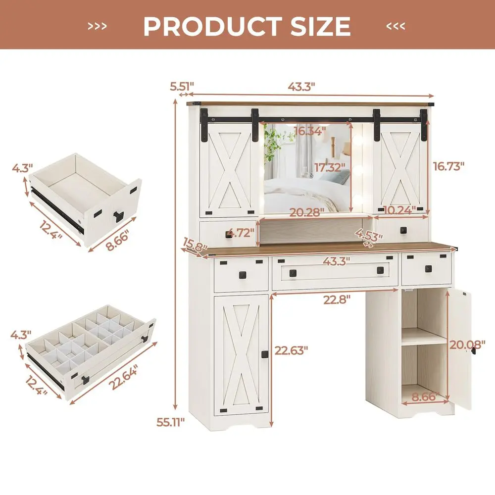 Farmhouse Makeup Vanity Desk with Lighted Mirror amp Power Strips, Vanity Table with Sliding Barn Door Hidden Shelves amp 5 Dra
