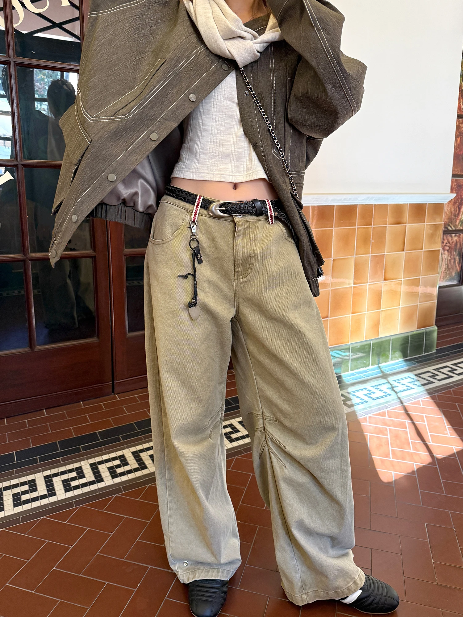 

LelyMooch Vintage Workwear Wide Leg Pants Khaki Casual Trousers Knee Pleated Patchwork Cotton 00% Women's Leisure Pants