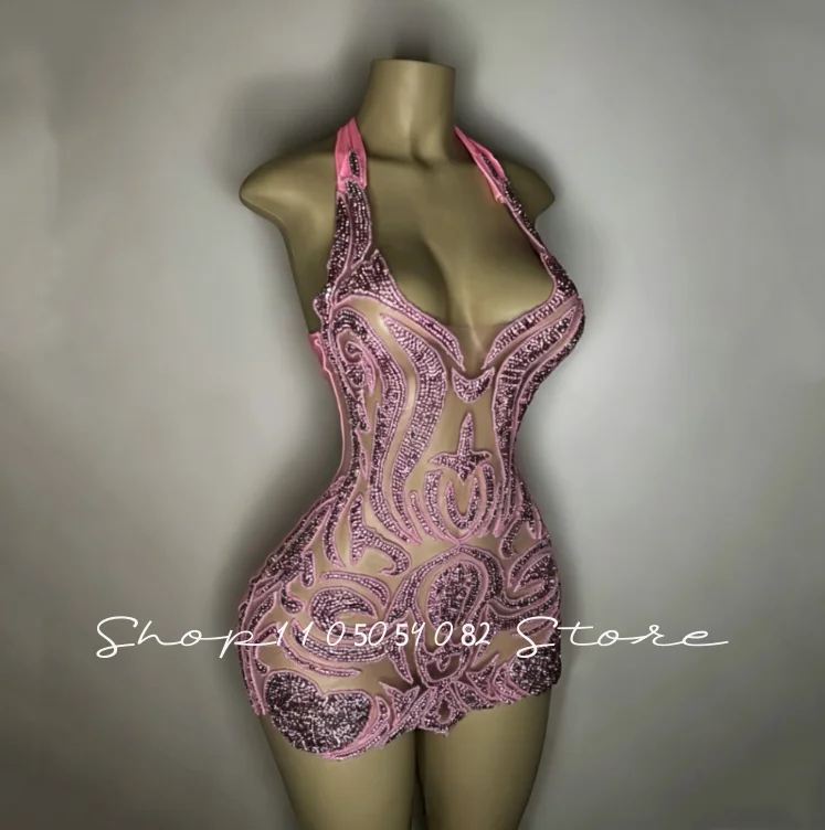 Blush Pink Halter Sheer Mesh Prom Dress Rhinestones Embroidery Pattern Cutout Birthday Club Evening Party Outfit Customized