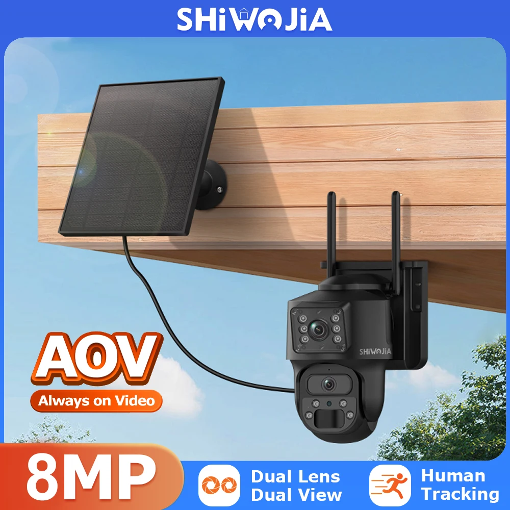 

SHIWOJIA AOV 24/7 Recording 4K Dual Lens 4G Solar Camera Outdoor Security Camera Network 10010mAh Battery Auto Tracking Two-Way