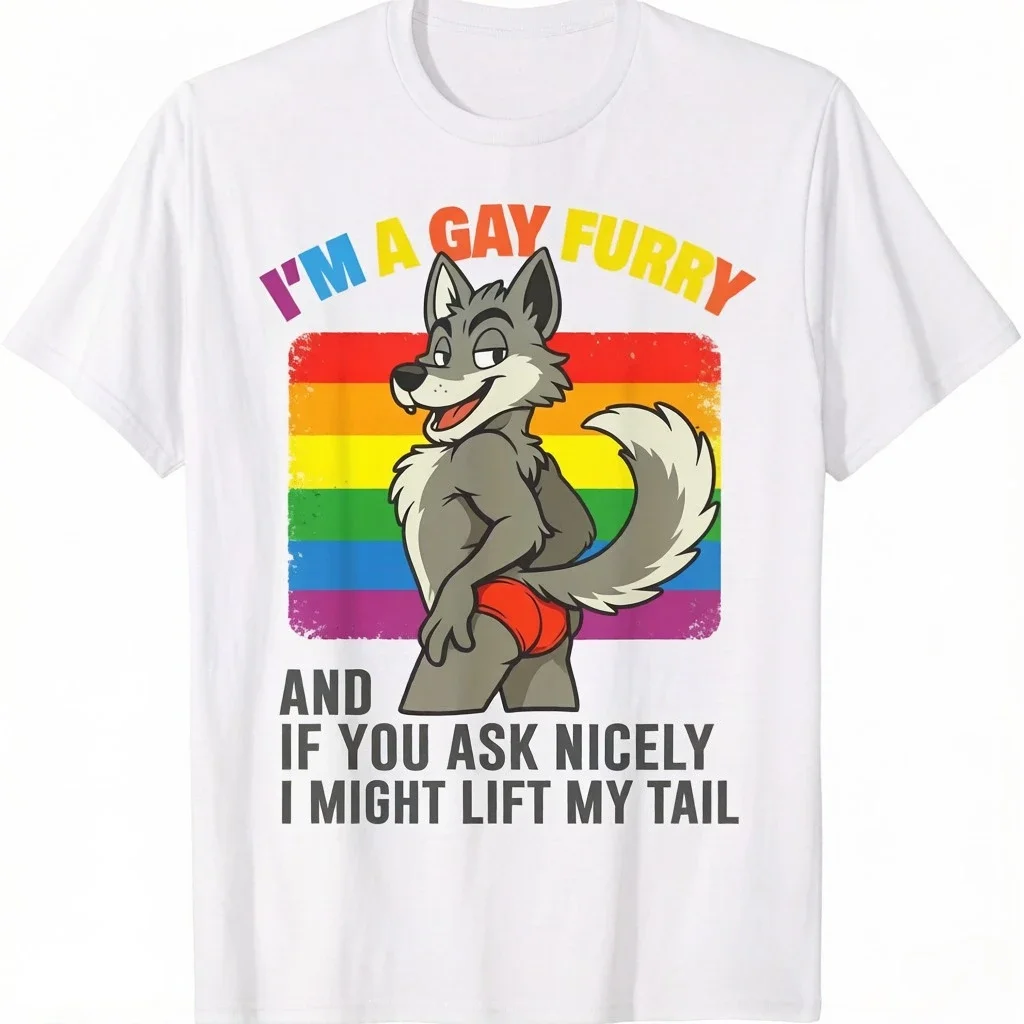 Men'S Funny LGBTQ Pride T-Shirt I'm Gay If You Ask Right The Tail Will Lift Up Humanized Fox & Rainbow Text Black Casual Tee