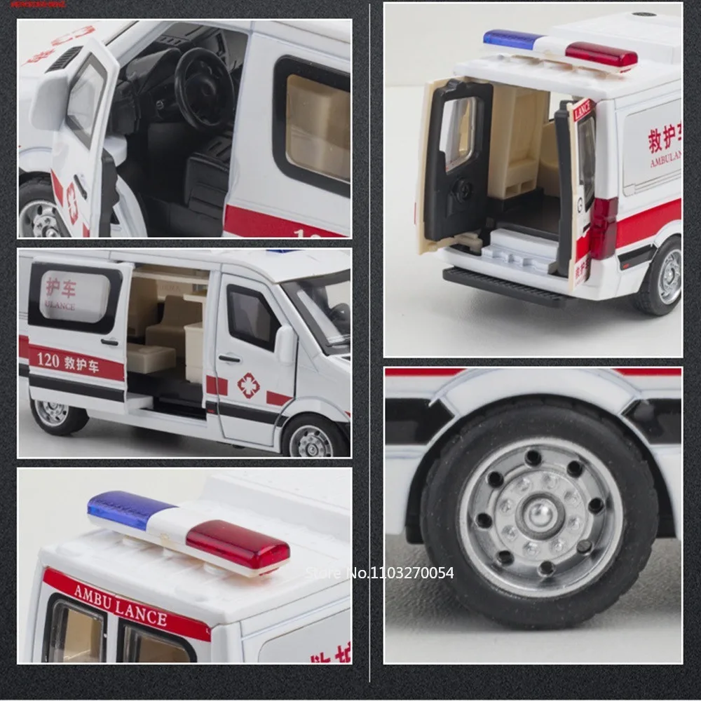 Scale 1/32 Ambulance Toys Model Car Diecast Alloy Special Police Vehicle 5 Doors Opened Sound Light Pull Back Toy Gifts for Kids