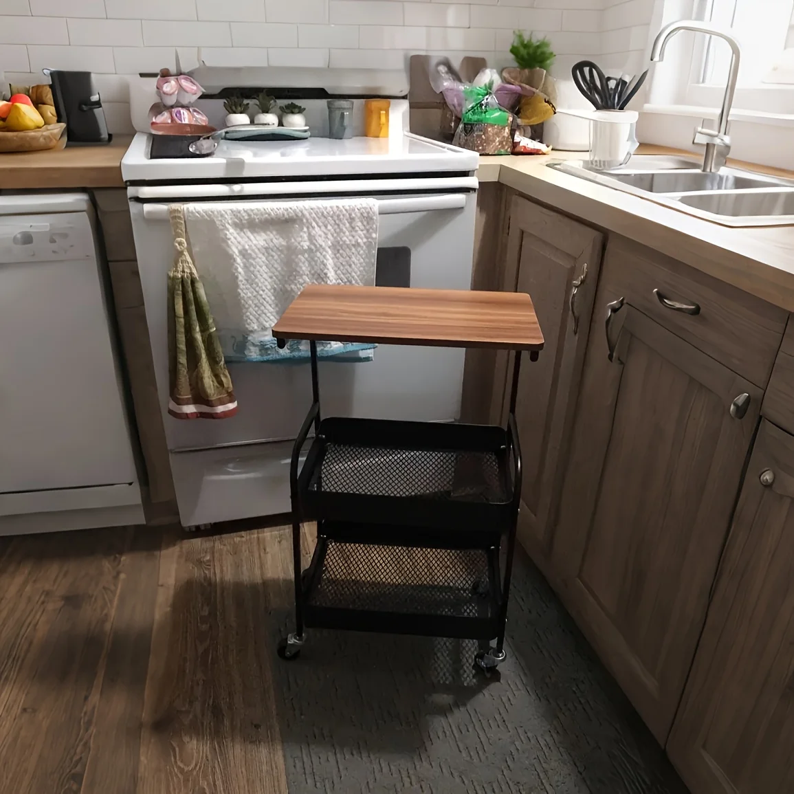 3段式ローリングトロリー、テーブルトップ、金属製ツールとスナックラック付き、耐久性のある炭素鋼フレーム、移動しやすいホイール