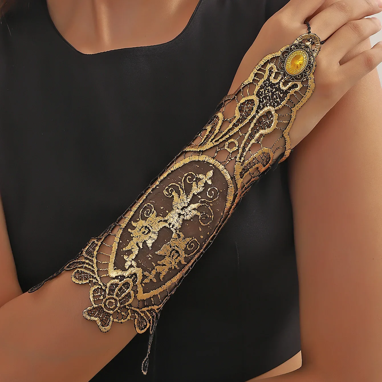 

Victorian Gothic Gloves Bracelet Women Steampunk Accessories Showgirl Dance Party Lace Embroidery Gloves Cosplay Arm Cuff