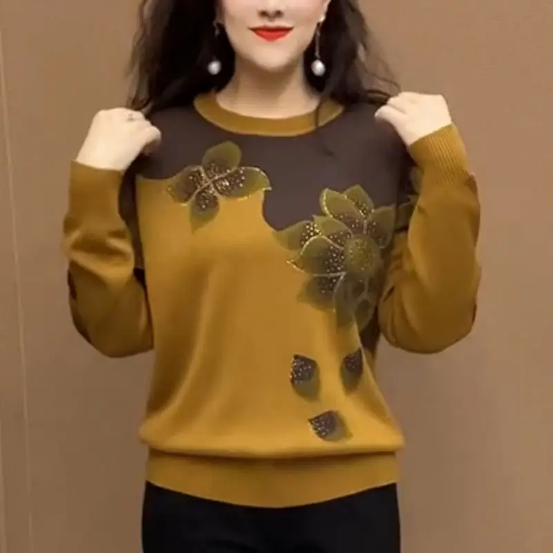 Middle Aged Women Stylish Vintage Floral Rhinestone Knitted Sweater Autumn Winter Casual O Neck Long Sleeve Loose Pullover Tops