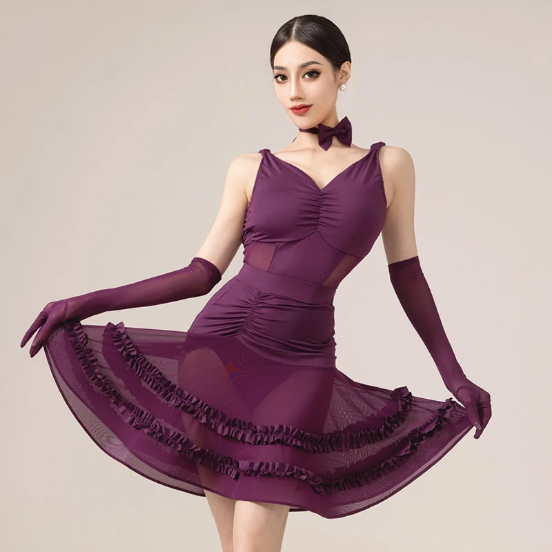 

Purple Latin Dance Dress Women Club Party Performance Dance Costume Rumba Cha Cha Tango Dance Tops Skirt Practice Dress DNV21672