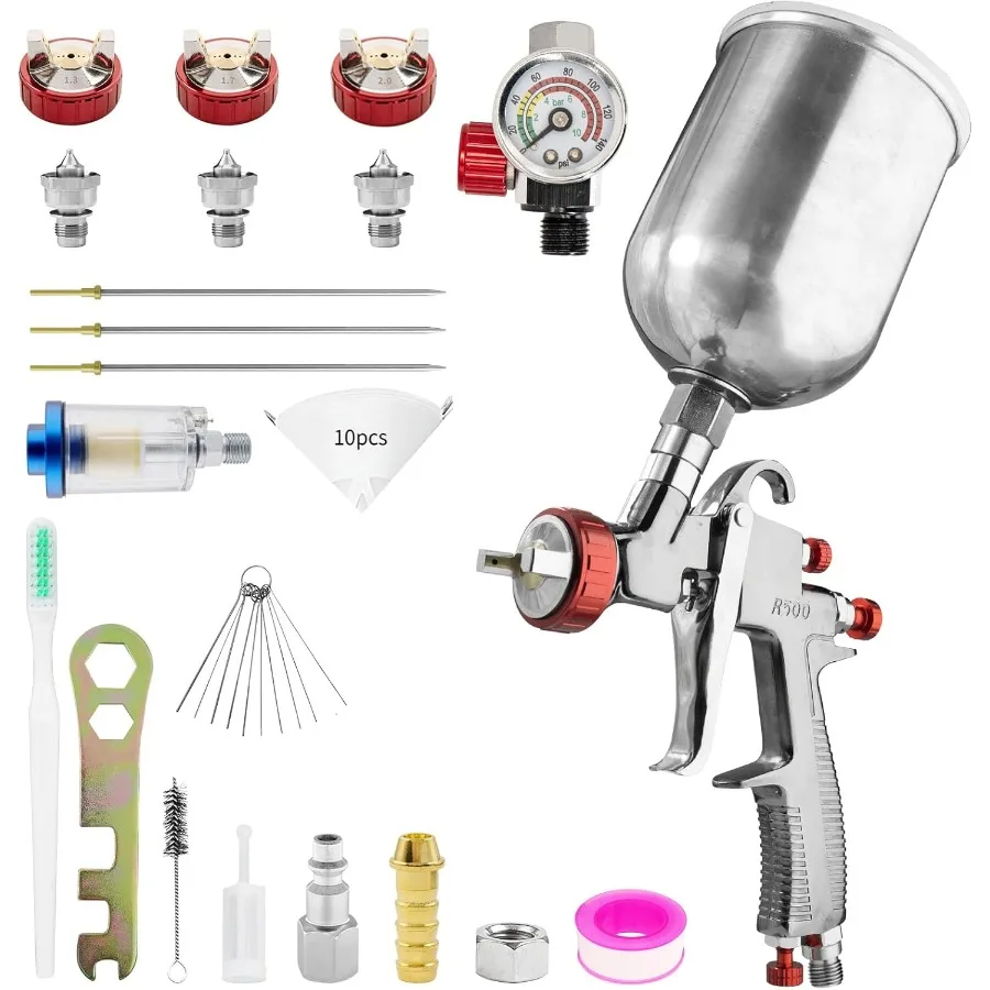 

R500 LVLP Spray Gun Kit with 600ml AL Cup and Air Regulator and Water Oil Separator and 1.3/1.7/2.0mm Nozzles for Automotive Pa