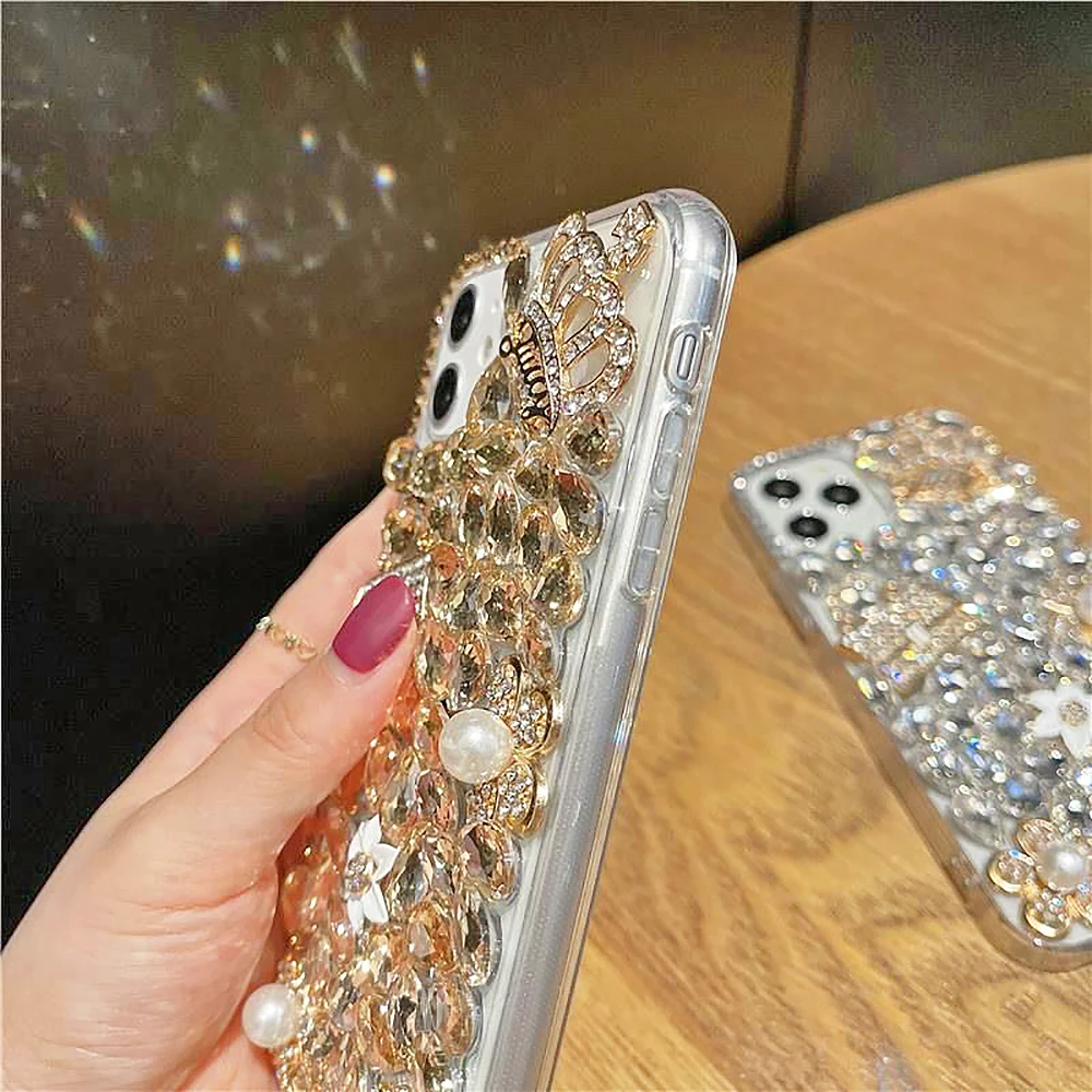 Glitter Diamond Crown Bag Pearl Flower Clear Phone Case For iPhone 14 13 12 11 Pro Max X XR XS 7 8 Plus Rhinestone Back Cover