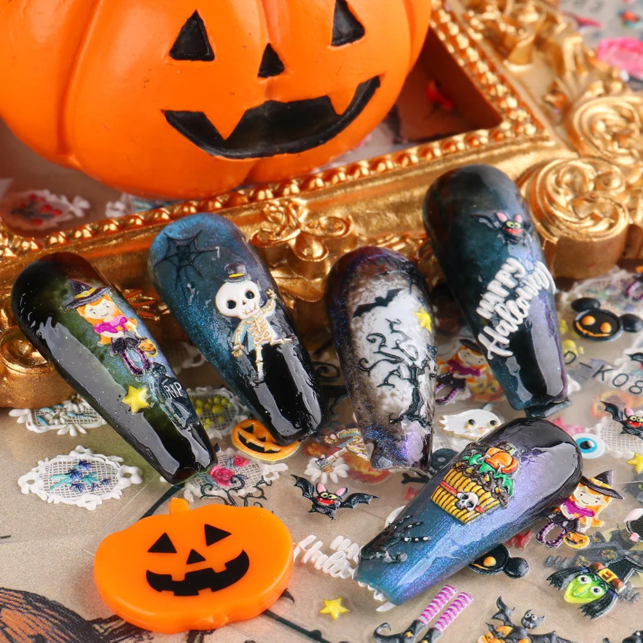 1 Stück Halloween-Nagelkunst-Aufkleber, 5D-geprägt, Kürbis und Totenkopf, Cartoons, Fledermaus-Spitze, Nagelflicken für festliche Maniküre, Halloween-Nagel