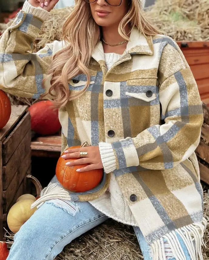 Women's Jacket 2025 Spring Autumn Fashion Plaid Print Turn-Down Collar Button Front Fringe Hem Coat Casual Flap Detail Coat