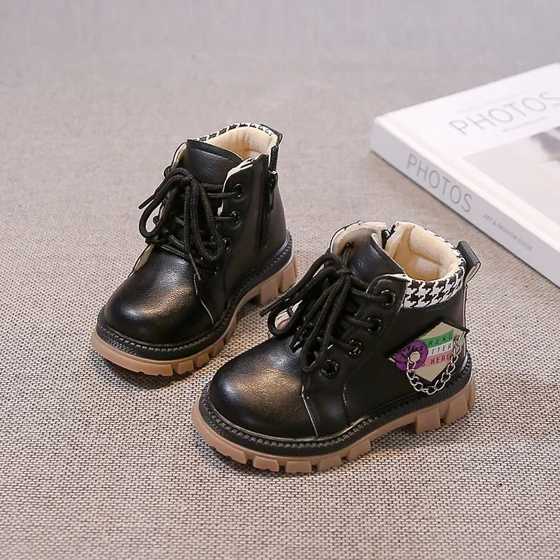 

2025 New AW Kids Leather Boots Girls' Lace-Up Ankle Boots Toddler Fleece-Lined Princess Shoes