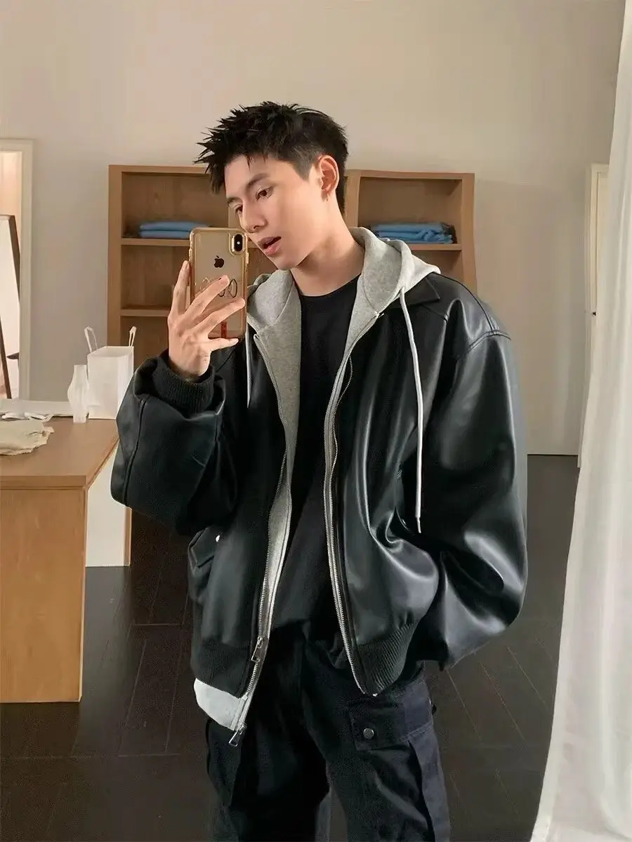 

Мужская кожаная куртка с капюшоном в байкерском стиле, модная, весенне-осенняя, премиум-класса, стильная, с длинными рукавами, на молнии