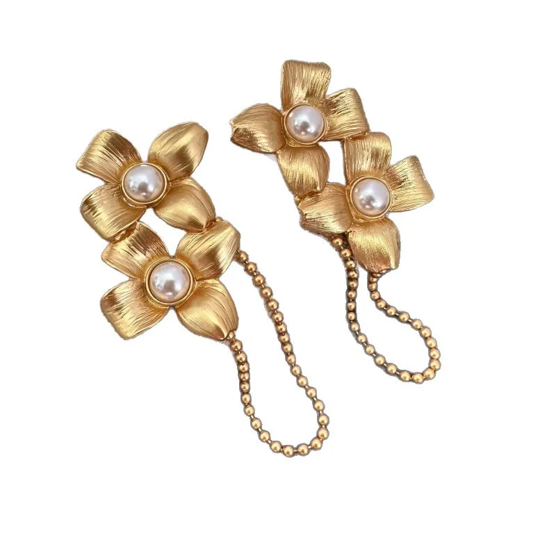 Golden Flower Tassel Beaded Chain Stud Earrings for Women