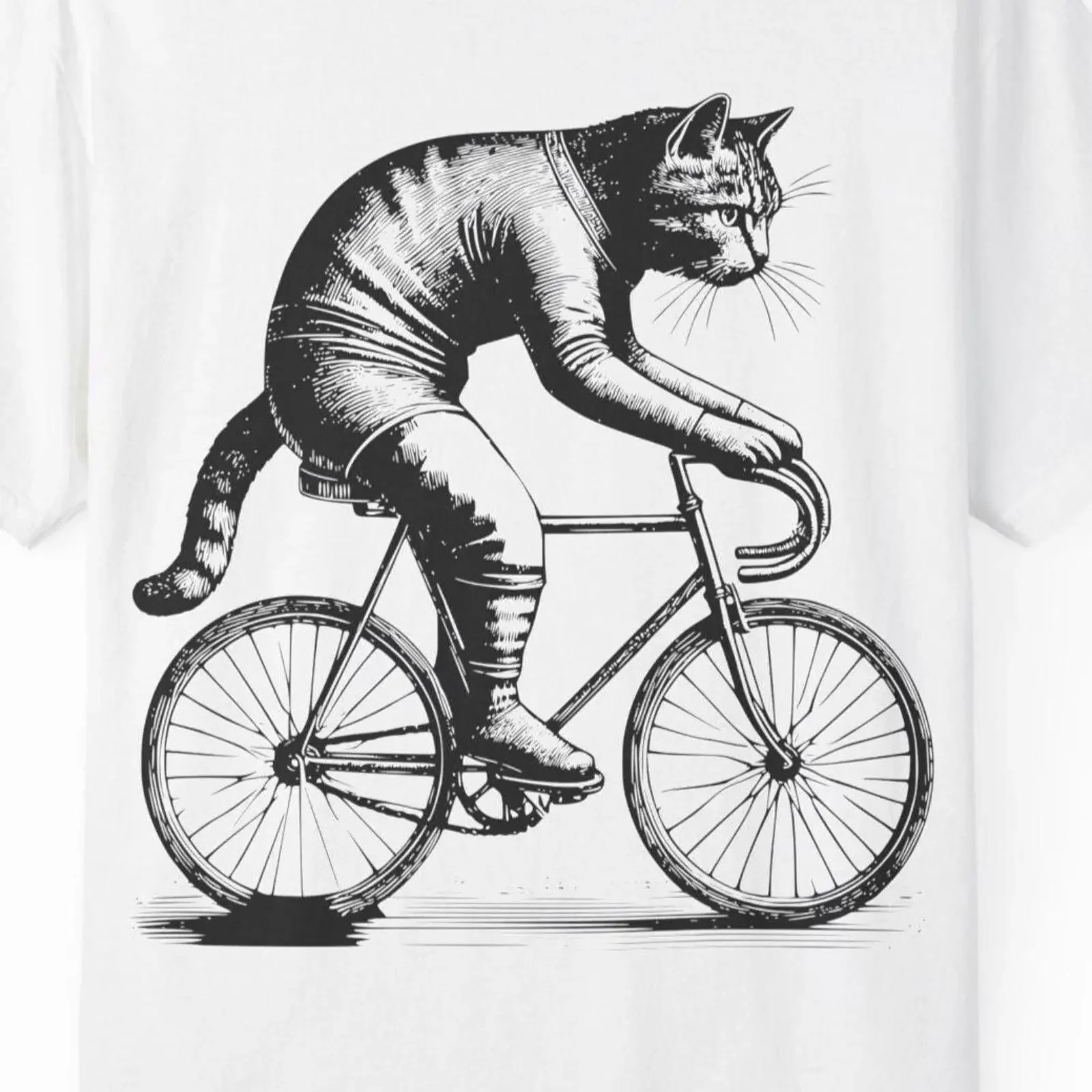 Engraved Cat Bicycle T Shirt Vintage Retro Style Hobby Bike  vintage Washed Stylish homme Versatile graphic fashion Comfortable