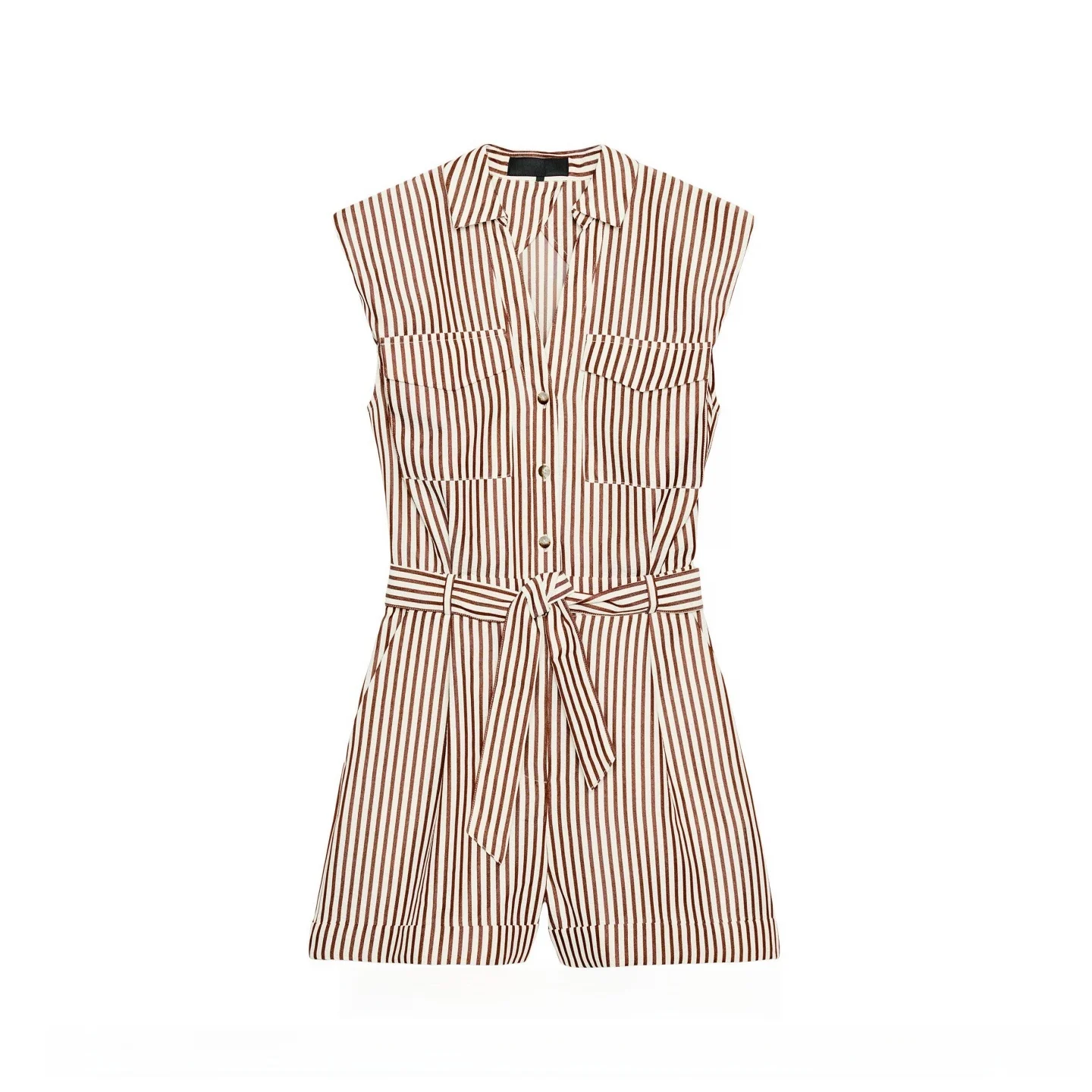 Summer 2026 New Fashion Retro Women's Romper Short Sleeveless Collared Belted Striped High Waist Straight Leg Commute Style