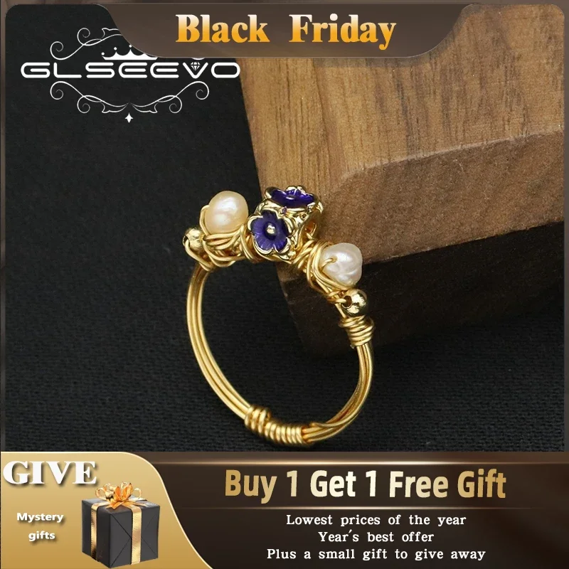 GLSEEVO 18k Electroplated Gold Natural Baroque Pearls Cloisonne Purple Gemstones Women Rings 2022 Fashion Jewelry Customizable