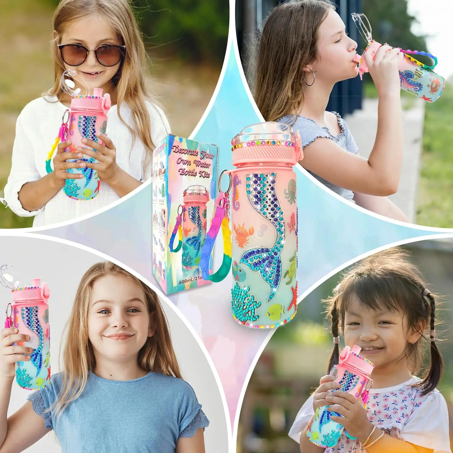 1 Set Decorate Your Own Water Bottle Kits, Mermaid Unicorn Themed Diamond Painting Cup, Fun Arts and Crafts Gifts Toys for Gift
