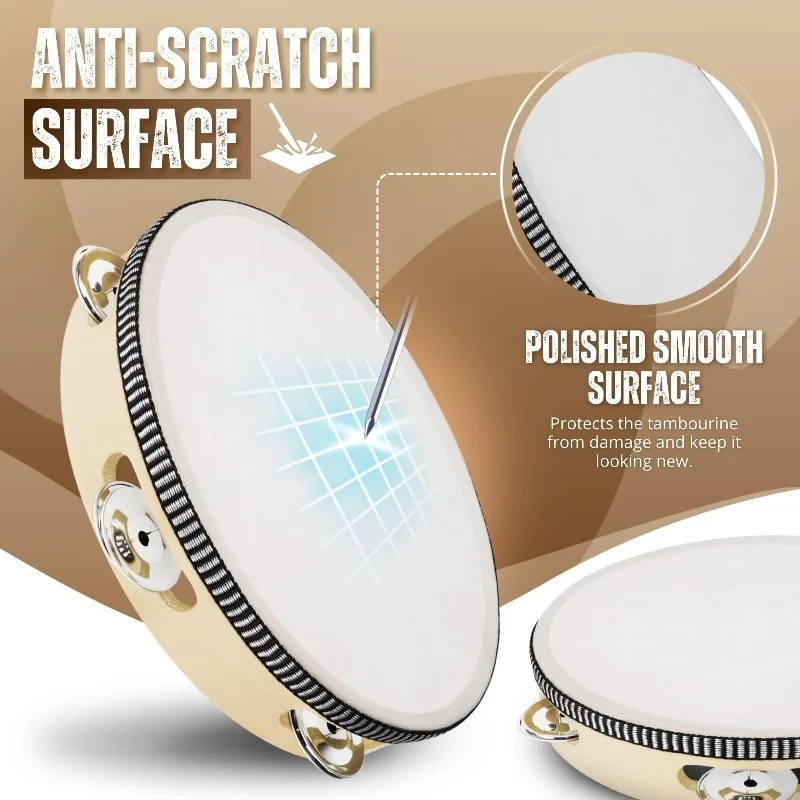 Portable Hand Drum 4/6/7/8/10inch Wooden Pendant Beige Edge with Metal Bells Percussion Instrument Musical for Concert KTV Party