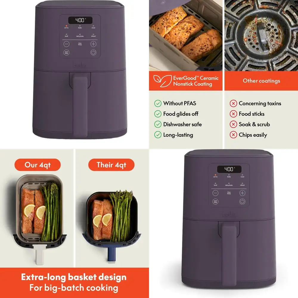 

4-Quart Slim Air Fryer with Nonstick Coating, Adjustable Heat, 6 Cooking Modes, 60-Minute Timer, 3.3lb Capacity, Plum
