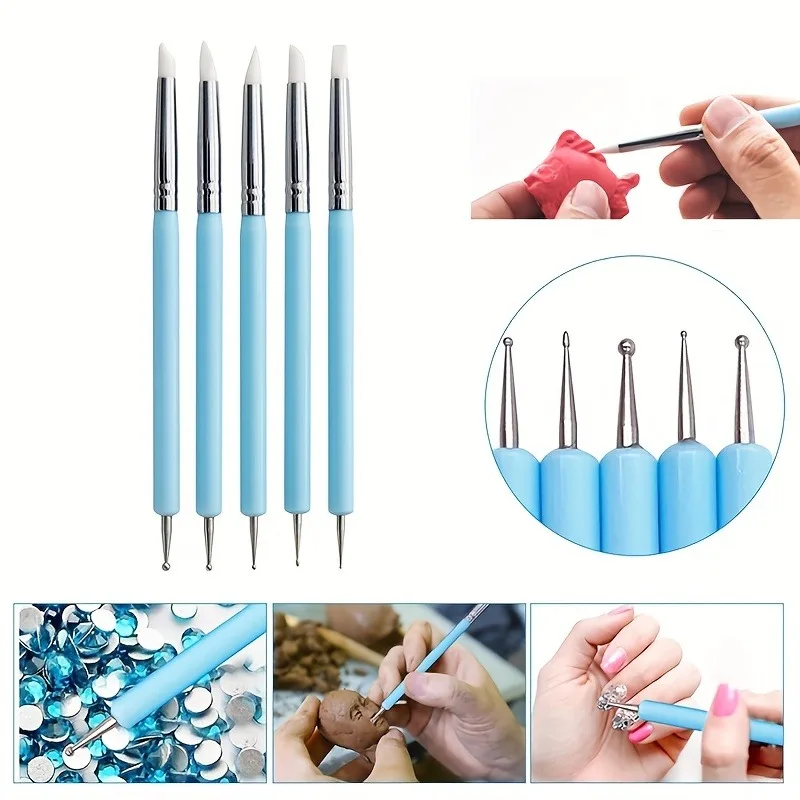 9pcs Pottery Tool Pieces Stylus Tools 2 Way Total 10 Different DIY Silicone Ceramic Clay Indentation Tool Metal Ball Tools Suppl