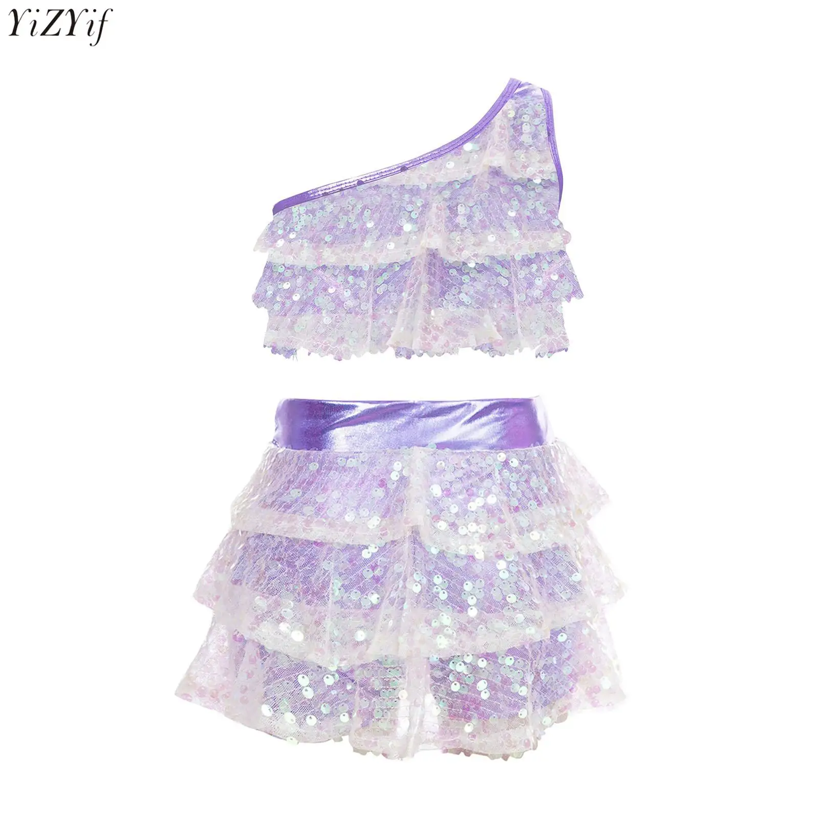

2Pcs/Set Kids Girls Latin Jazz Dance Costume Moden Hip Hop Dancewear Sequins One Shoulder Tiered Ruffles Tank Crop Top+Pantskirt