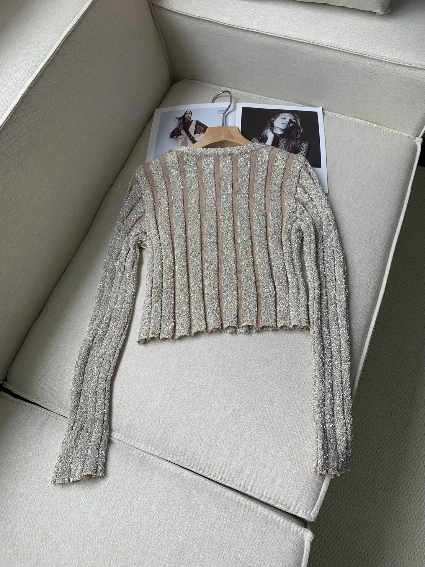 Early Autumn Niche Sequin Vertical Striped Knitted Suit Round Neck Long Sleeve Pullover + Fishtail Skirt Two-Piece Suit