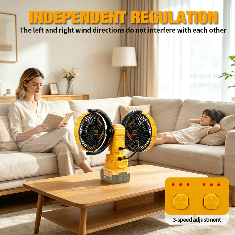 3000RPM Portable Dual Head Fan 360° Rotatable 3-Speeds Powerful Power Cooling Air Fan Low Noise Fan For Dewalt 20V Battery Pin view 5