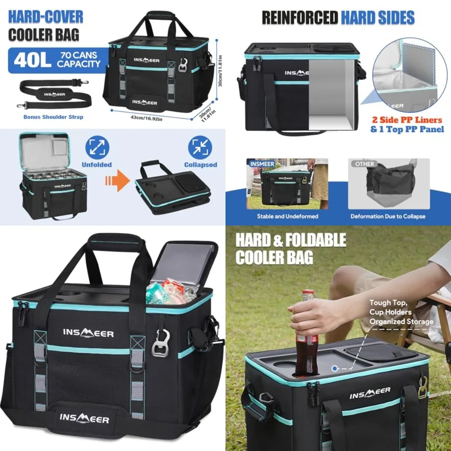 

Soft Cooler Bag with Hard Shell and 2 Cup Holders, Portable 40L/70 Cans Collapsible Cooler Bags Insulated with Leakproof for Tr