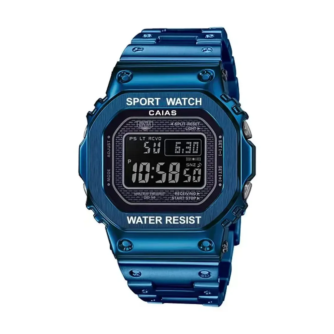 ساعة رياضية رقمية إلكترونية للجنسين كاملة الوظائف بالتوقيت العالمي وحزام فولاذي قابل للطي وإبزيم مربع LED سلسلة 5000 من خشب البلوط