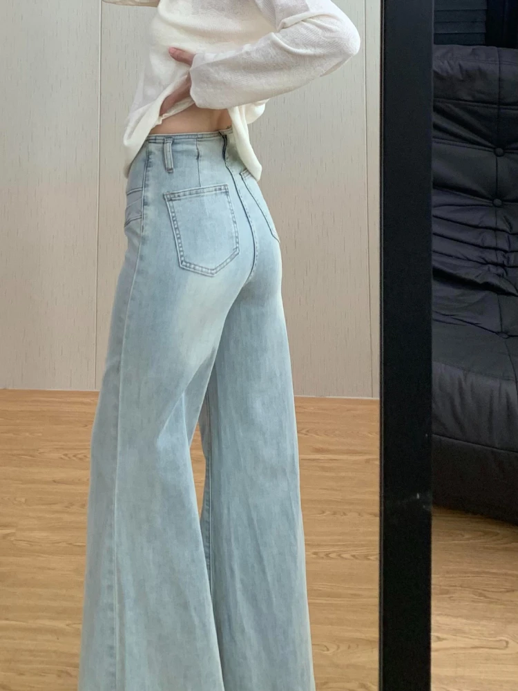 Fashion Autumn Light Blue Women Flare Jeans Petite High Waist Loose Figure-flattering Non-cling Wide Leg Bootcut Denim Pants