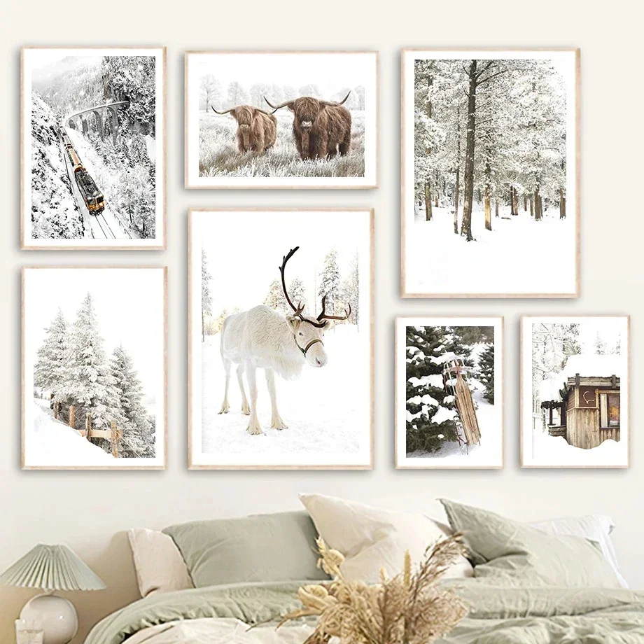 Wall Art Canvas Painting Winter Snow Scenery Picture Elk Field Tree Poster and Print for Modern Home Interior Living Room Dec