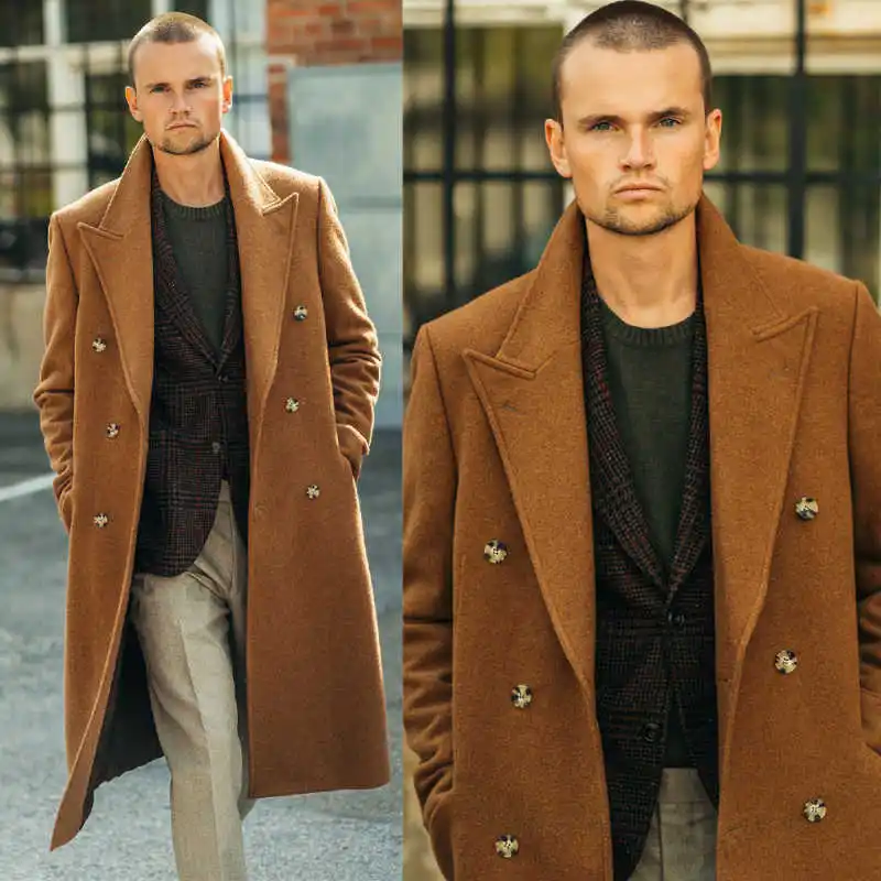 

Modern Men Long Overcot Double Breasted Peaked Lapel Jacket Blazers Wool Blends Winter Customized One Piece