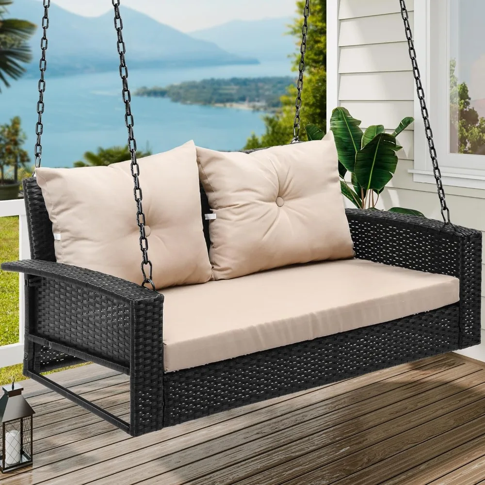 

Wicker Hanging Porch Swing Chair 2-Seats Outdoor Black Rattan Lounge W/ 2 Back Cushions Capacity 530lbs for Garden Patio Swing