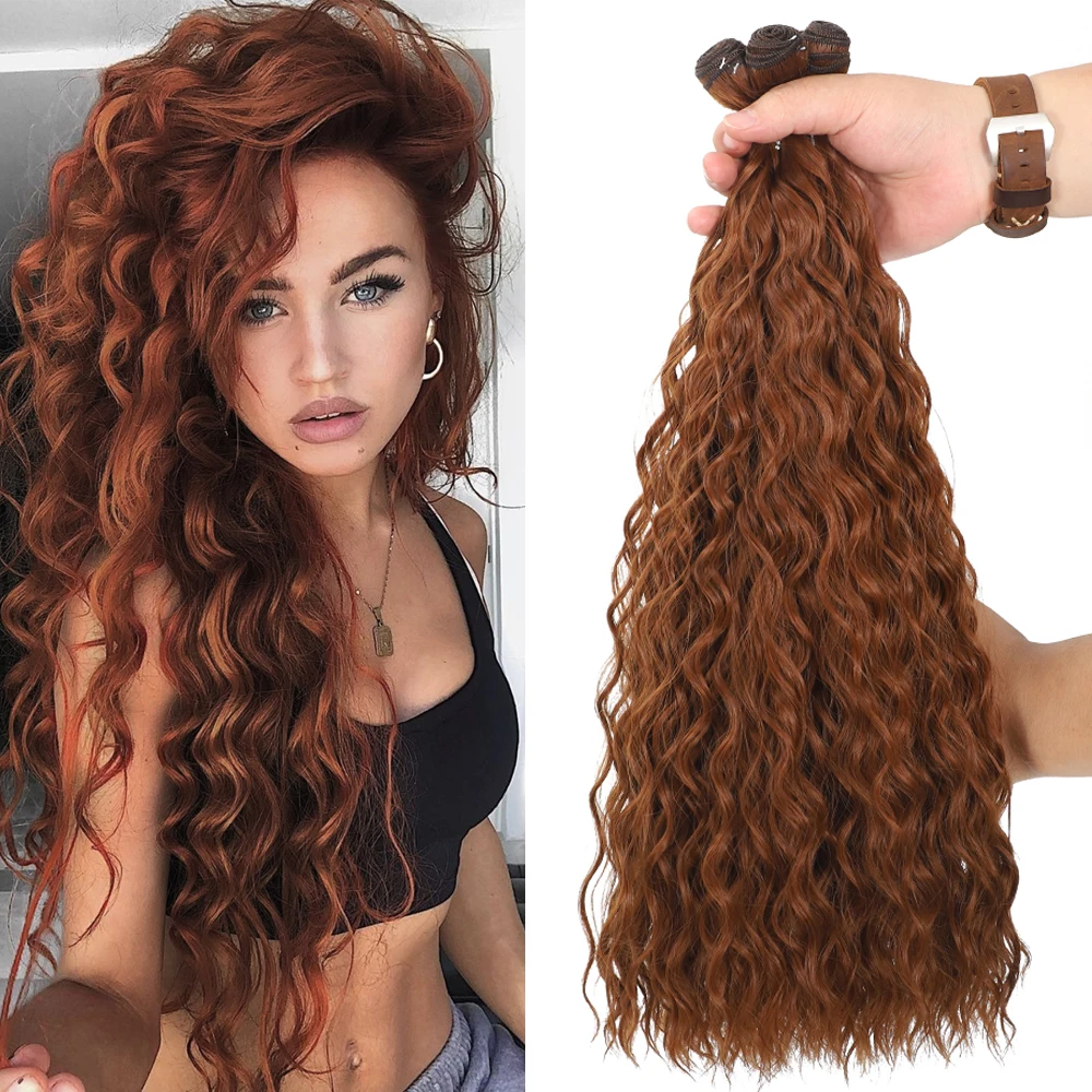 Pacotes de cabelo encaracolado sintético Extensão do cabelo da onda de água Fibra resistente ao calor, vermelho, cor laranja, ouro, 50g, 1pc por pacote