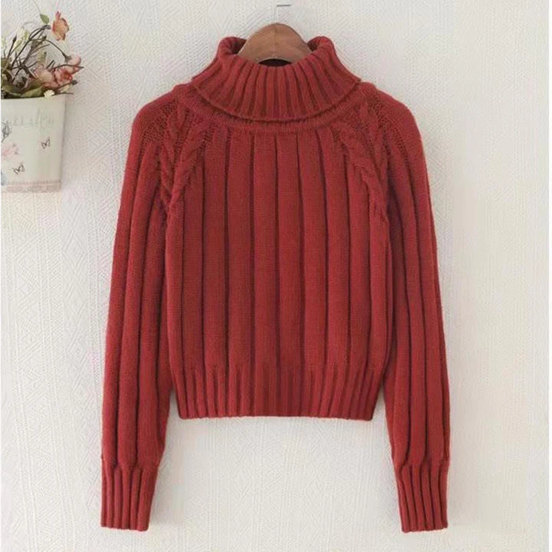 Green Cropped Sweater Winter Turtleneck Bottoming Pullover Tops Casual Long Sleeve Knitted Warm Jumper Korean Soft Sueters New