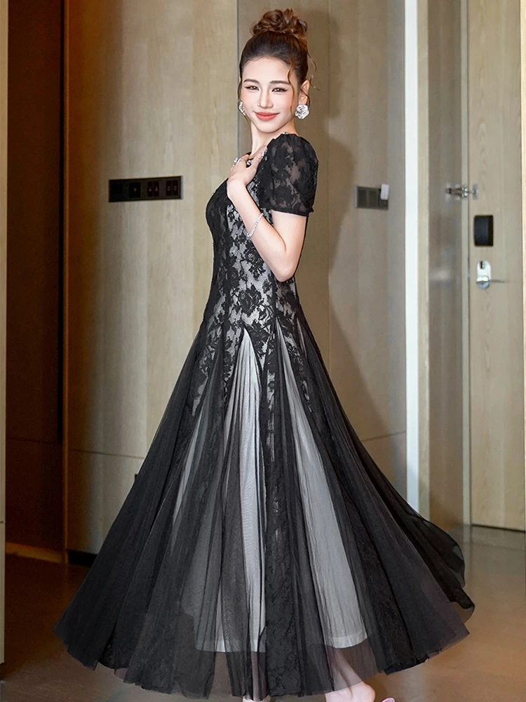 Elegante abito lungo nero romantico per le donne Dolce pizzo trasparente Maglia diamante Perla Abito in tulle Lady Matrimoni Abiti da sera formali