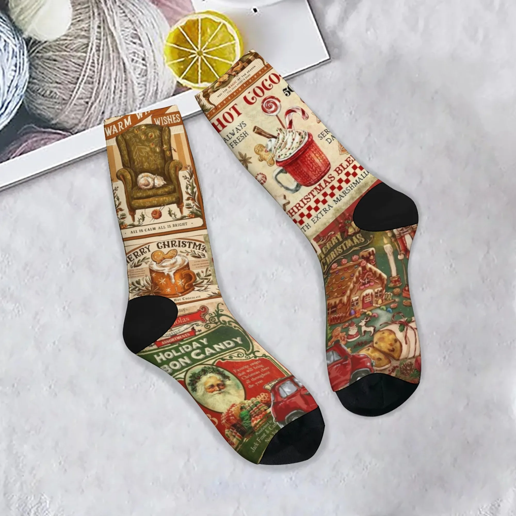 Harajuku Retro Christmas Patchwork Print Men's Socks - Novel Street Style Christmas Holiday Casual Socks - Fun Party Gift